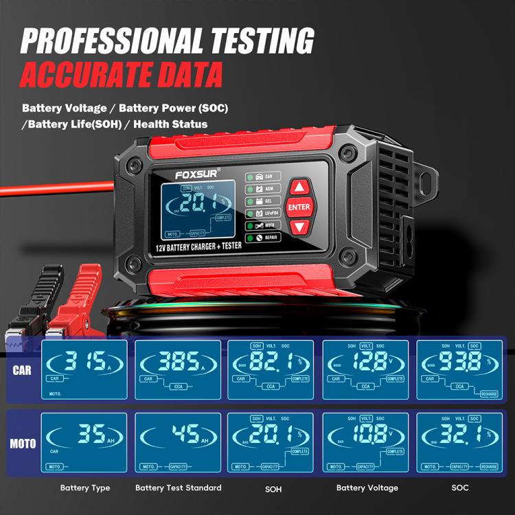 FOXSUR FTC-1206 2 in 1 12V Charging Tester Integrated Machine Car Motorcycle Battery Charger Tester