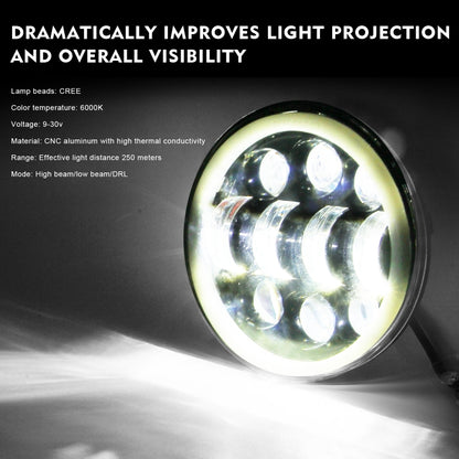EagleVision DC9-30V 35W 6000K 4000LM 5.75 inch Round Motorcycle 6LEDs Headlight with Angel Eye for Harley-Davidson, 6LEDs
