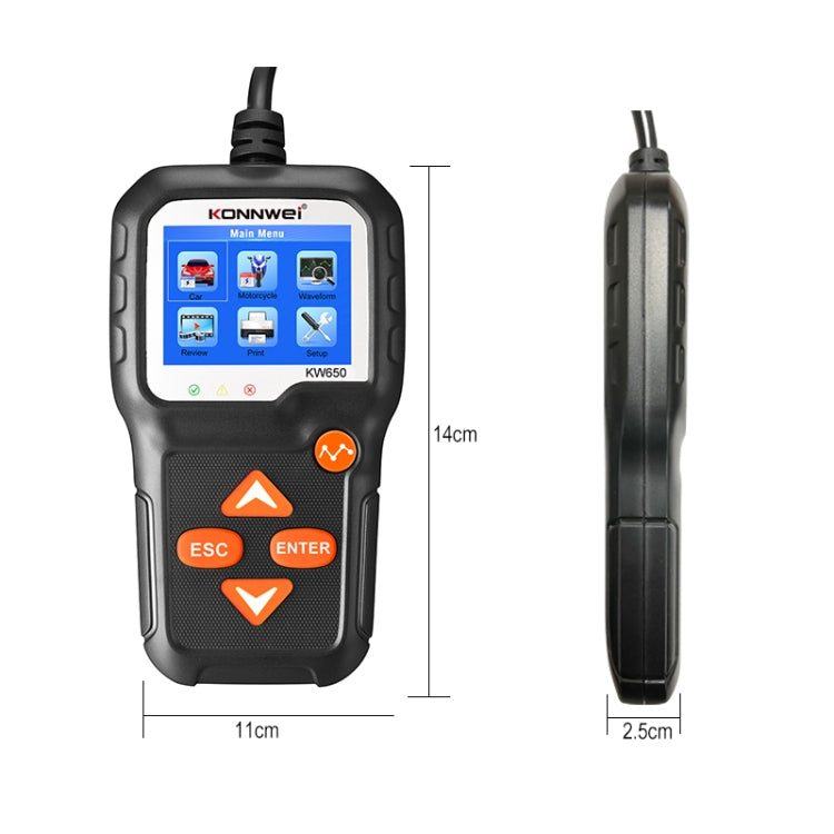 KONNWEI KW650 6V- 12V Car Motorcycle Battery Lawn Mower Detector with 2.4 inch Color Display & Waveform Graph, KW650