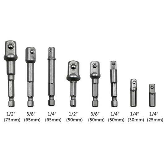 8 PCS/Set Socket Bit Extension Bar Hex Shank Adapter Drill Nut Driver Power Drill Bit, 1/4(65/50/30/25mm), 3/8(65/50mm), 1/2(73/50mm), 8 PCS/Set Length:65-73mm