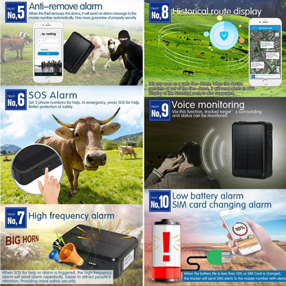 RF-V34 الأغنام والأبقار والماشية IP67 مقاوم للماء يعمل بالطاقة الشمسية GSM GPS WiFi للتتبع بدون لوحة سفلية ثابتة، يدعم مراقبة الصوت والإنذار المضاد للإزالة وSOS، تتبع GPS WiFi