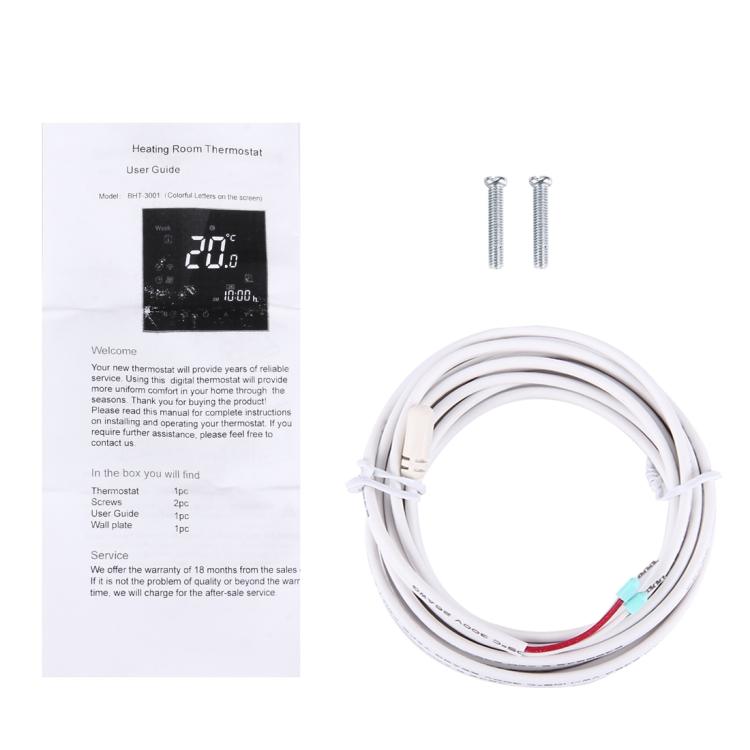 BHT-3001 16A Load Electronic Heating Type LCD Digital Heating Room Thermostat with Sensor, Display Clock / Temperature  / Time / Week / Heat etc., BHT-3001 16A (Black), BHT-3001 16A (White)