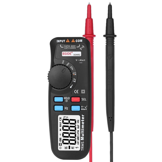 جهاز قياس متعدد رقمي محمول باليد BSIDE ADM92 True RMS، نطاق تلقائي، 6000 عداد، جهاز اختبار TRMS مع سلك حي، فحص درجة الحرارة، NCV هرتز، أوم، ثنائي الصمام