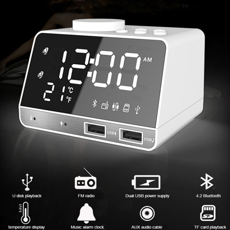 K11 Bluetooth Alarm Clock Speaker Creative Digital Music Clock Display Radio with Dual USB Interface, Support U Disk / TF Card / FM / AUX, EU Plug, EU Plug(Black), EU Plug(White)