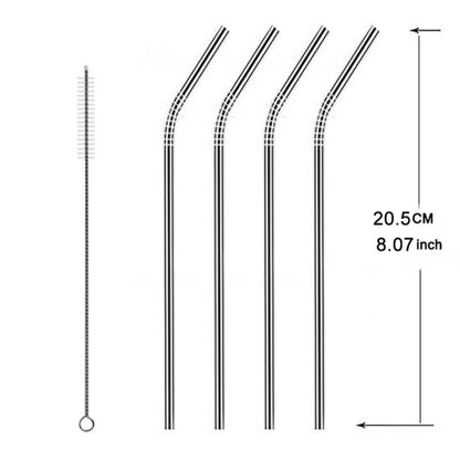 5pcs Reusable Stainless Steel Bent Drinking Straw + Cleaner Brush Set Kit,  215*8mm