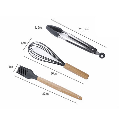 kn020 11 in 1 Wooden Handle Silicone Non-stick Spatula Spoon Kitchen Tool + Bucket Set, 11 in 1 with Bucket