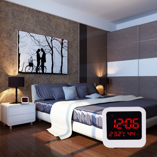 Desk Table Digital Backlight LED Alarm Clock with Time & Date & Temperature & Humidity Display, 11.6x10.8x4.6cm