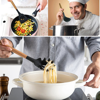 kn020 11 in 1 Wooden Handle Silicone Non-stick Spatula Spoon Kitchen Tool Set, 11 in 1