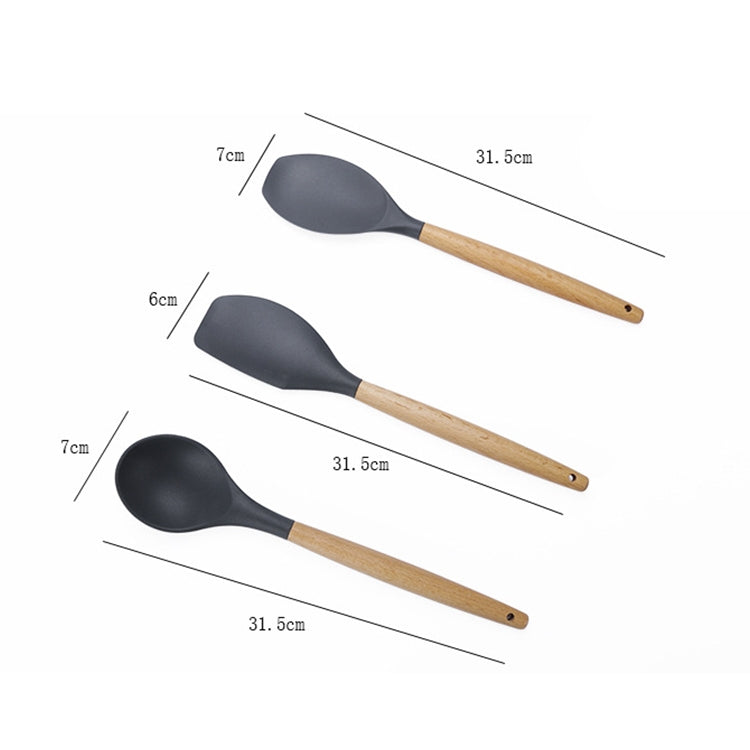 kn082 9 in 1 Wooden Handle Silicone Kitchen Tool Set with Storage Bucket, Black, Pink, Green