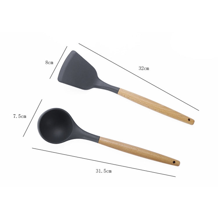 kn082 9 in 1 Wooden Handle Silicone Kitchen Tool Set with Storage Bucket, Black, Pink, Green