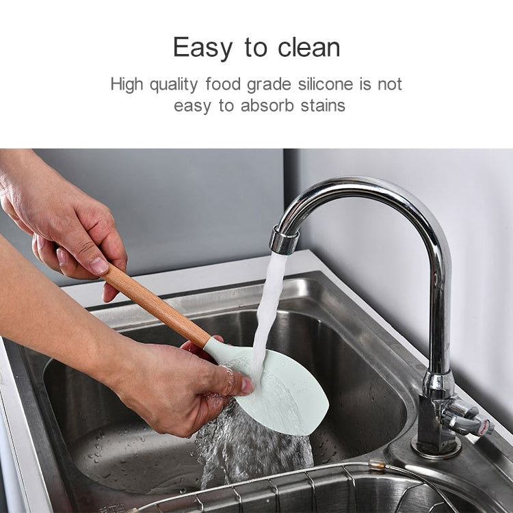 kn082 9 in 1 Wooden Handle Silicone Kitchen Tool Set with Storage Bucket, Black, Pink, Green