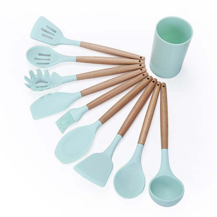 kn082 9 in 1 Wooden Handle Silicone Kitchen Tool Set with Storage Bucket, Black, Pink, Green