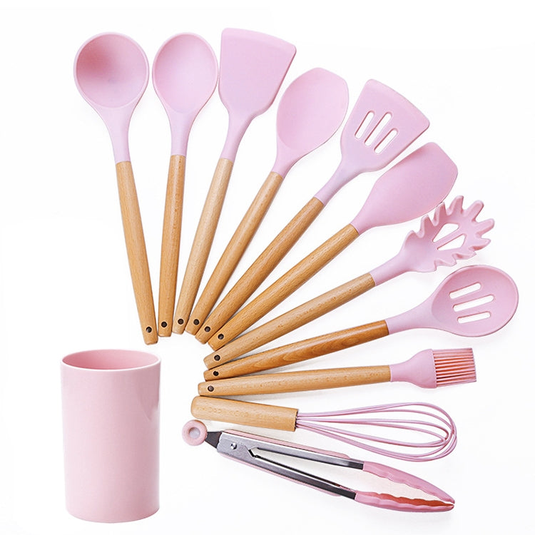 kn082 11 in 1 Wooden Handle Silicone Kitchen Tool Set with Storage Bucket, Black, Pink, Green