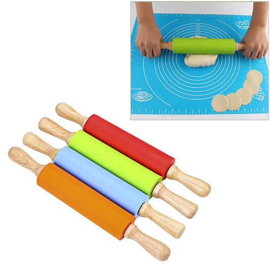 kn055 Solid Wooden Handle Silicone Rolling Pin Non-stick Food Dumpling Stick, Length: 38cm, Random Color Delivery, 38cm