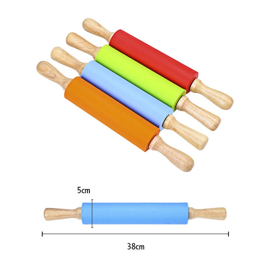 kn055 Solid Wooden Handle Silicone Rolling Pin Non-stick Food Dumpling Stick, Length: 38cm, Random Color Delivery, 38cm