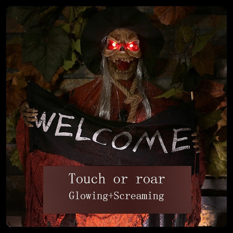 Halloween Hang Ghost Resin Electric Skull Bar Door Welcome Ghost Voice Skeleton Props Decorations, Electric Skull(Orange)