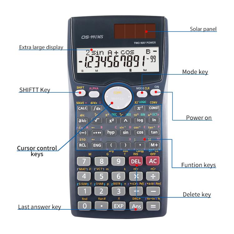 OS-991MS 10+2 Digits Double Line Display Multi-functional Student Function Scientific Calculator Solar Energy Dual Power Calculator, OS-991MS