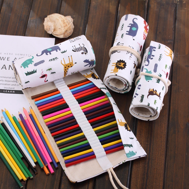 72 Slots Cartoon Animal Print Pen Bag Canvas Pencil Wrap Curtain Roll Up Pencil Case Stationery Pouch, 72 Slots