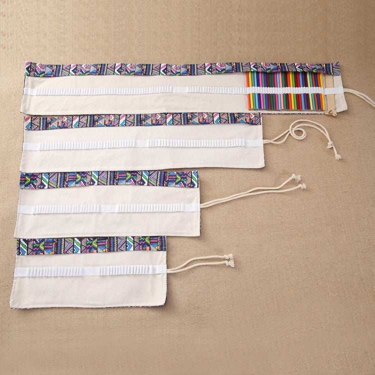 72 Slots Ethnic Print Pen Bag Canvas Pencil Wrap Curtain Roll Up Pencil Case Stationery Pouch, 72 Slots