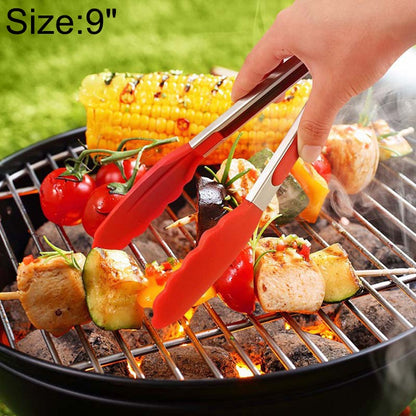 9 inch Silicone Non-slip Food Bread Barbecue BBQ Clip Tongs Kitchen Tools, 9 inch Red