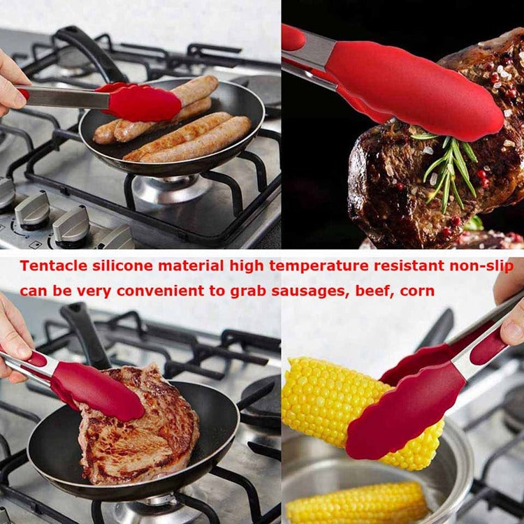 9 inch Silicone Non-slip Food Bread Barbecue BBQ Clip Tongs Kitchen Tools, 9 inch Red