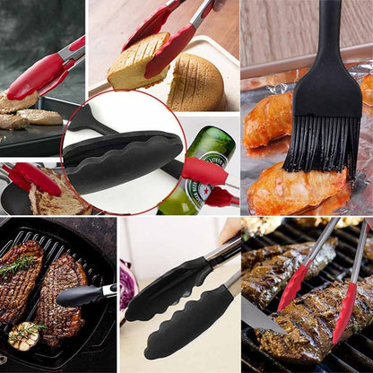 9 inch Silicone Non-slip Food Bread Barbecue BBQ Clip Tongs Kitchen Tools, 9 inch Red