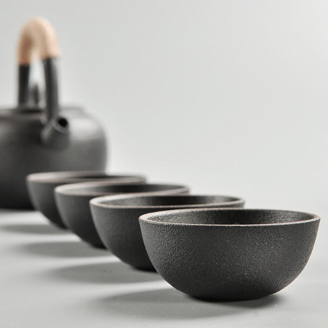 Portable Travel Ceramics Loop Handle Pot Teapot Teacup Set, (Black), (White)