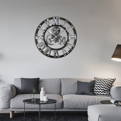 Retro Wooden Round Single-sided Gear Clock Rome Number Wall Clock, Diameter: 35cm, Rome Number 35cm, Rome Number  35cm
