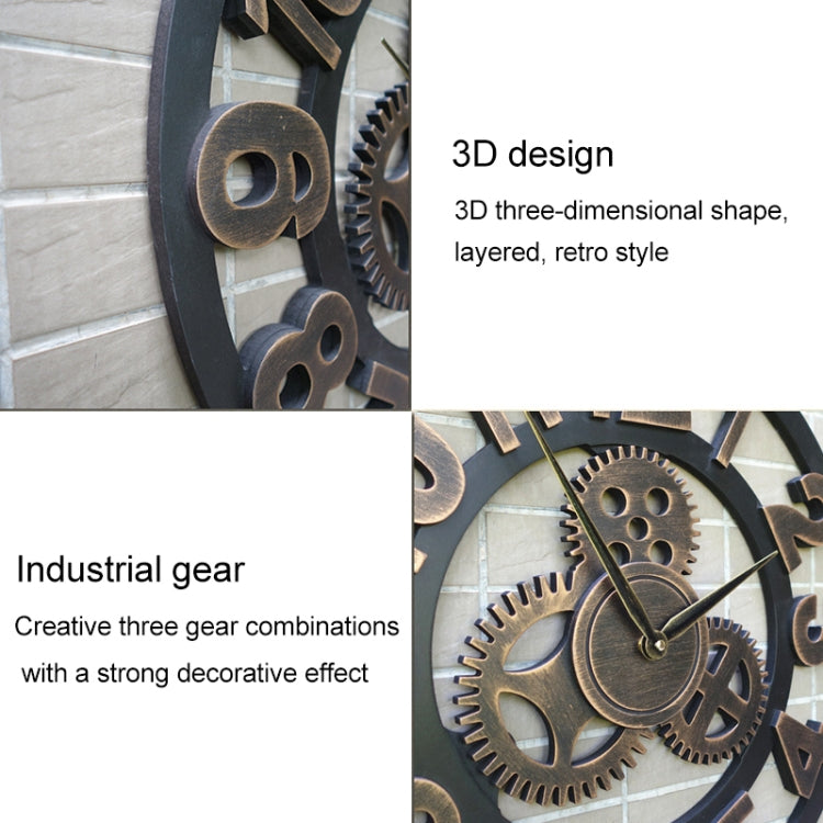 Retro Wooden Round Single-sided Gear Clock Number Wall Clock, Diameter: 50cm, Number 50cm (Silver), Number 50cm (Gold)