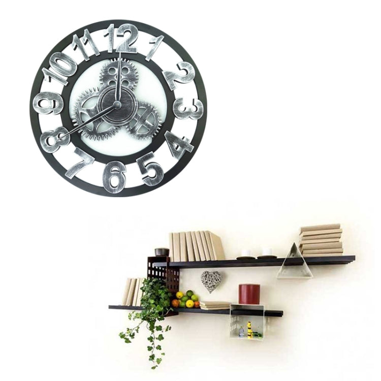 Retro Wooden Round Single-sided Gear Clock Number Wall Clock, Diameter: 50cm, Number 50cm (Silver), Number 50cm (Gold)
