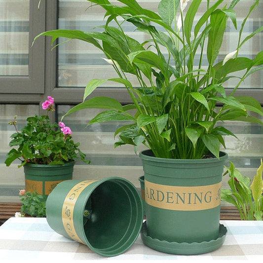 1 Gallon Flower Pots Plant Nursery Pots Plastic Pots Creative Gallons Pots with Tray, Size:17.5*16*16cm, Random Text Background Color Delivery, 17.5*16*16cm