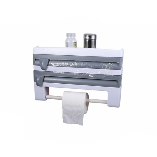 Kitchen Wall Mounted Cling Film Holder Wrap Storage Rack Hanger Rack Cutting Device, Size: 39 x 10 x 24cm, Khaki, Grey