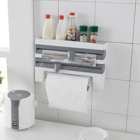 Kitchen Wall Mounted Cling Film Holder Wrap Storage Rack Hanger Rack Cutting Device, Size: 39 x 10 x 24cm, Khaki, Grey