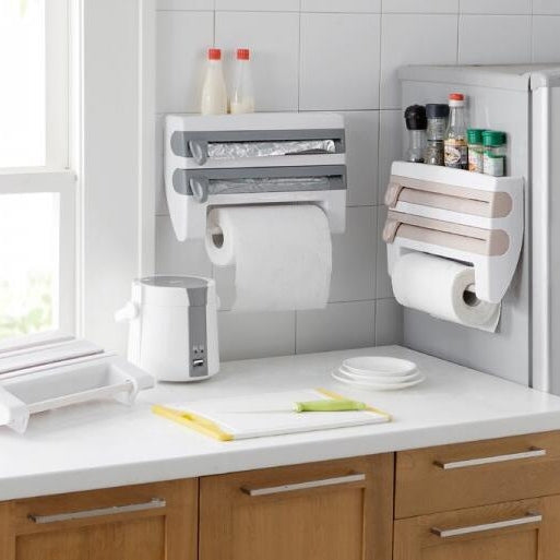 Kitchen Wall Mounted Cling Film Holder Wrap Storage Rack Hanger Rack Cutting Device, Size: 39 x 10 x 24cm, Khaki, Grey