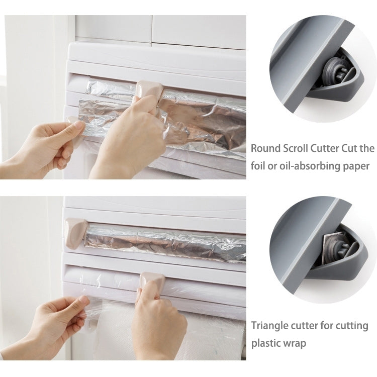 Kitchen Wall Mounted Cling Film Holder Wrap Storage Rack Hanger Rack Cutting Device, Size: 39 x 10 x 24cm, Khaki, Grey