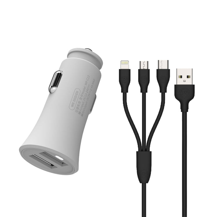 شاحن سيارة مزدوج USB من WK WP-C13 بقوة 2.4 أمبير مع كابل بيانات USB إلى 8 دبابيس / Micro USB / Type-C، WP-C13 مع كابل (أسود)، WP-C13 مع كابل (أبيض)