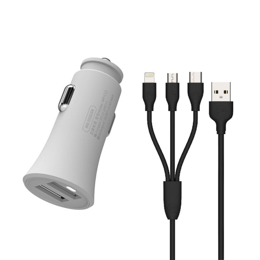 شاحن سيارة مزدوج USB من WK WP-C13 بقوة 2.4 أمبير مع كابل بيانات USB إلى 8 دبابيس / Micro USB / Type-C، WP-C13 مع كابل (أسود)، WP-C13 مع كابل (أبيض)