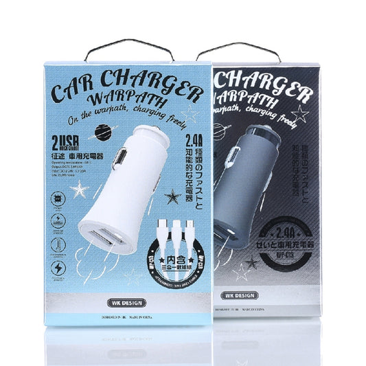 شاحن سيارة مزدوج USB من WK WP-C13 بقوة 2.4 أمبير مع كابل بيانات USB إلى 8 دبابيس / Micro USB / Type-C، WP-C13 مع كابل (أسود)، WP-C13 مع كابل (أبيض)