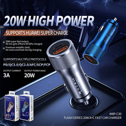 شاحن سيارة سريع WK WP-C30 بقوة 20 واط، بمنفذ USB + PD، وواجهة UB-C / Type-C، وسلسلة Flash، WP-C30 (أزرق)، WP-C30 (فضي)