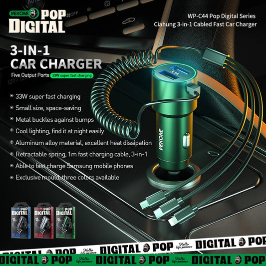 شاحن سيارة سريع 3 في 1 من سلسلة Pop Digital من WK WP-C44، بمنفذي USB، بقوة 33 وات، WP-C44 (أسود)، WP-C44 (أخضر)، WP-C44 (فضي)