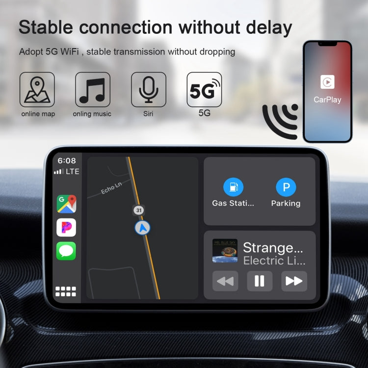 محول Carplay سلكي إلى لاسلكي USB + USB-C / Type-C لجهاز iPhone، مستطيل أبيض
