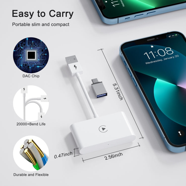 محول Carplay سلكي إلى لاسلكي USB + USB-C / Type-C لجهاز iPhone، مستطيل أبيض
