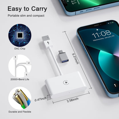 محول Carplay سلكي إلى لاسلكي USB + USB-C / Type-C لجهاز iPhone، مستطيل أبيض