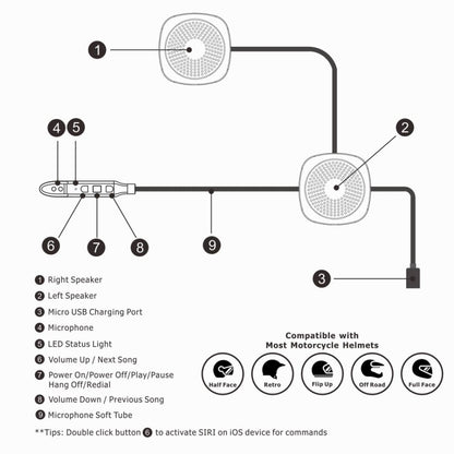 T2 Bluetooth V5.0 Helmet Headset 5V for Motorcycle Driving with Anti-interference Microphone