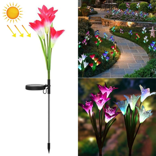 زهرة زنبق محاكاة 4 رؤوس تعمل بالطاقة الشمسية في الهواء الطلق IP55 مصباح LED زخرفي للحديقة، ضوء أبيض، ضوء أبيض