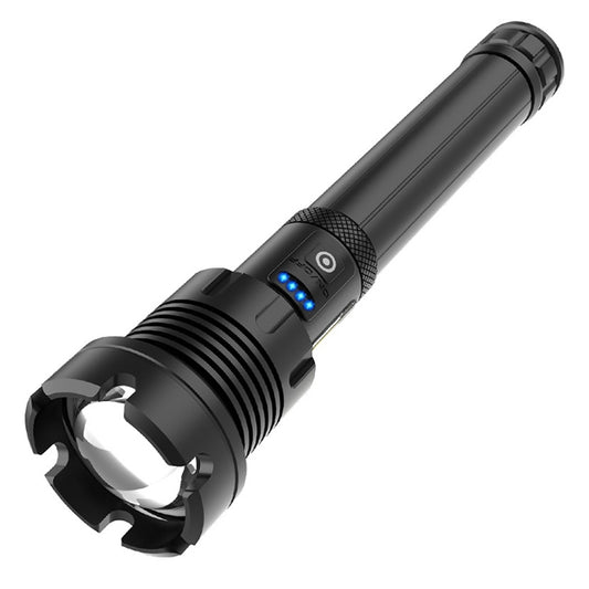 مصباح يدوي P90 + COB LED طويل الطراز مقاوم للماء للاستخدام الخارجي مع منفذ Micro USB للشحن، يدعم عرض الطاقة والتركيز التلسكوبي وضبط السطوع على 7 مستويات، P90