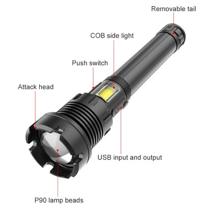 مصباح يدوي P90 + COB LED طويل الطراز مقاوم للماء للاستخدام الخارجي مع منفذ Micro USB للشحن، يدعم عرض الطاقة والتركيز التلسكوبي وضبط السطوع على 7 مستويات، P90