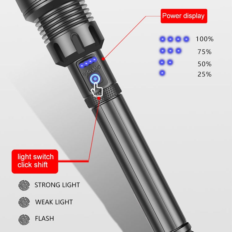 مصباح يدوي P90 + COB LED طويل الطراز مقاوم للماء للاستخدام الخارجي مع منفذ Micro USB للشحن، يدعم عرض الطاقة والتركيز التلسكوبي وضبط السطوع على 7 مستويات، P90
