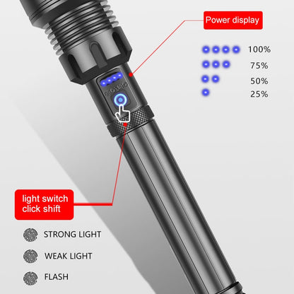مصباح يدوي P90 + COB LED طويل الطراز مقاوم للماء للاستخدام الخارجي مع منفذ Micro USB للشحن، يدعم عرض الطاقة والتركيز التلسكوبي وضبط السطوع على 7 مستويات، P90