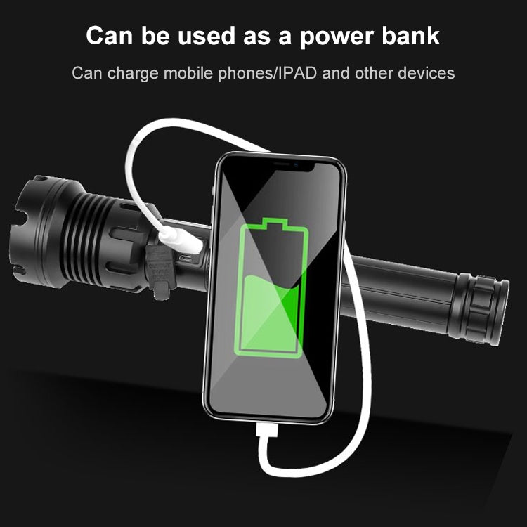 مصباح يدوي P90 + COB LED طويل الطراز مقاوم للماء للاستخدام الخارجي مع منفذ Micro USB للشحن، يدعم عرض الطاقة والتركيز التلسكوبي وضبط السطوع على 7 مستويات، P90